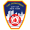 Fire Department City of New York (FDNY) logo featuring a red fire emblem and white skyline silhouette on a blue shield with a yellow and red border.