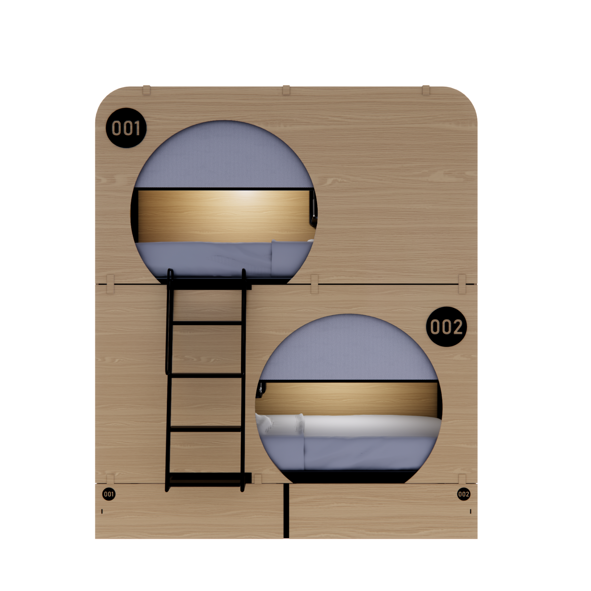 NapBox wood Economy Bunk Bed Pod — compact sleeping pod unit with two stacked circular cabins, front view. Each pod features a mattress, divider privacy curtain, built-in fan, and clearly visible lit room numbers.