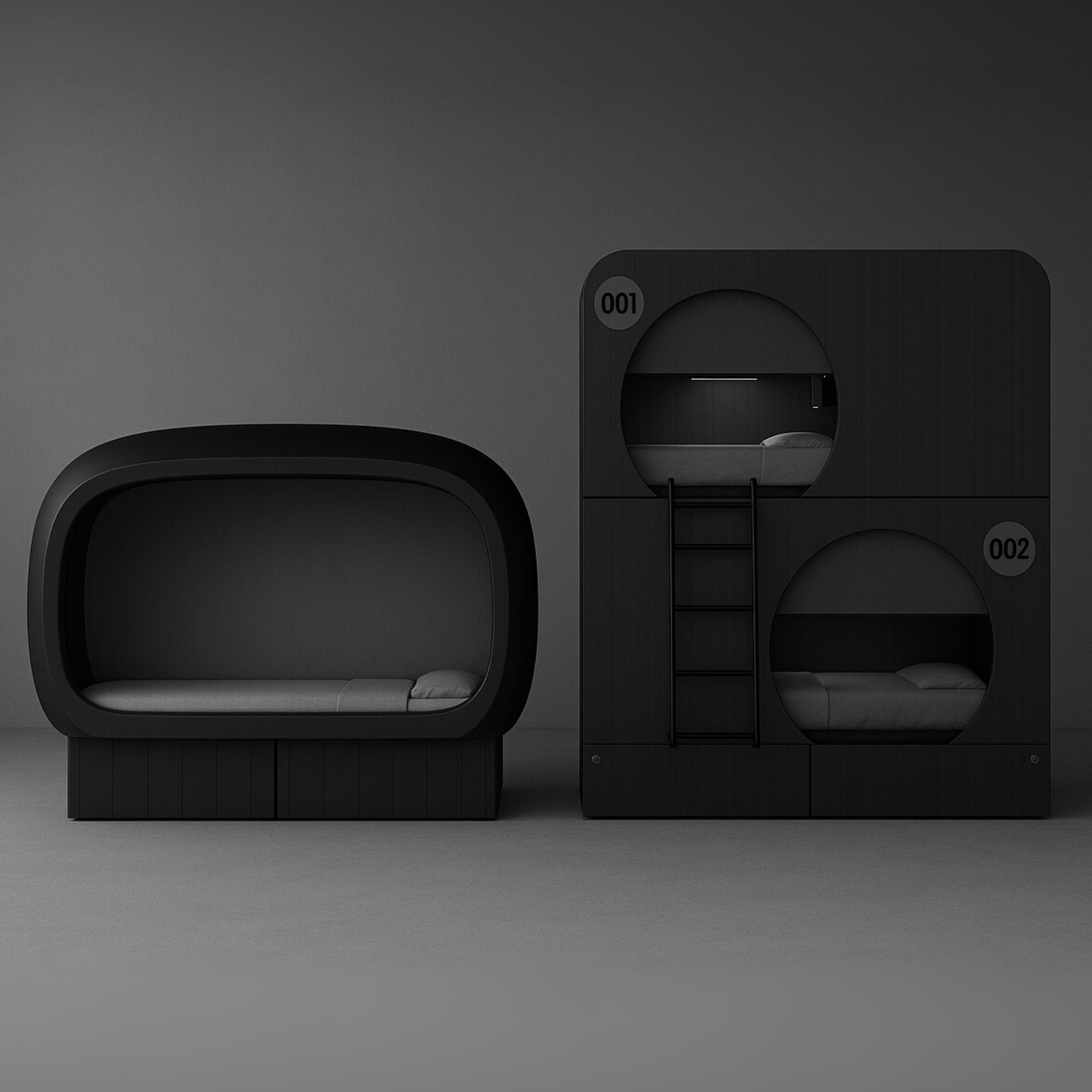 Front view of two NapBox black sleeping pods side by side: Business Pod on the left with twin XL bed and pillow, and Economy Pod on the right with stacked bunk beds, ladder, and numbered sleeping spaces.