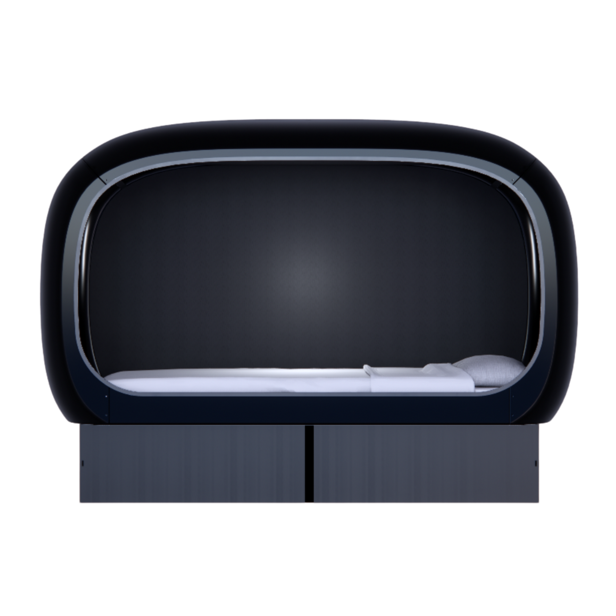 Front view of a black oval-shaped NapBox Business Pod — a modern sleeping pod with a spacious twin XL bed, pillow, and mattress inside.