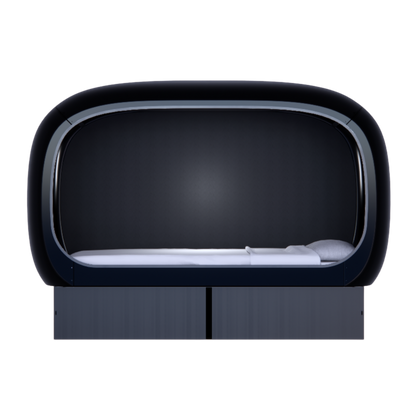 Front view of a black oval-shaped NapBox Business Pod — a modern sleeping pod with a spacious twin XL bed, pillow, and mattress inside.