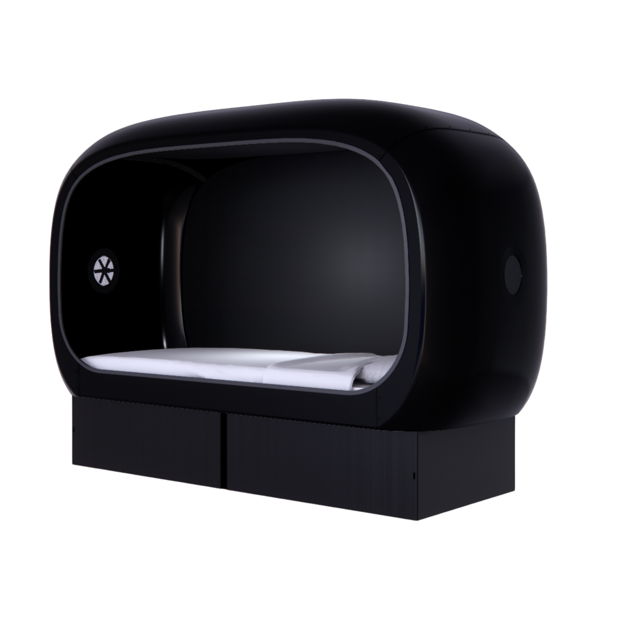 Side view of a black oval-shaped NapBox Business Pod — a modern sleeping pod with a spacious twin XL bed, pillow, and mattress inside.