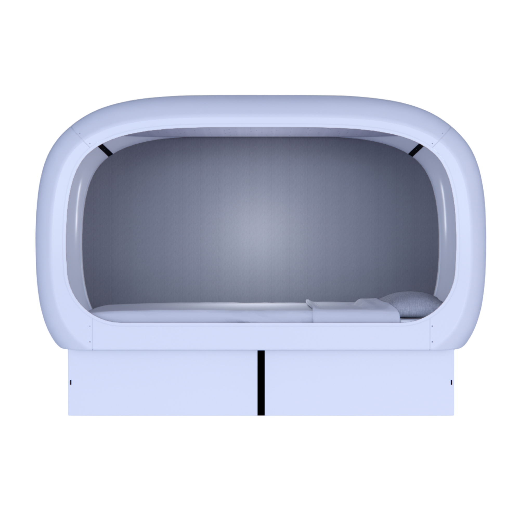 Front view of a white oval-shaped NapBox Business Pod — a modern sleeping pod with a spacious twin XL bed, pillow, and mattress inside.