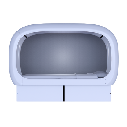 Front view of a white oval-shaped NapBox Business Pod — a modern sleeping pod with a spacious twin XL bed, pillow, and mattress inside.