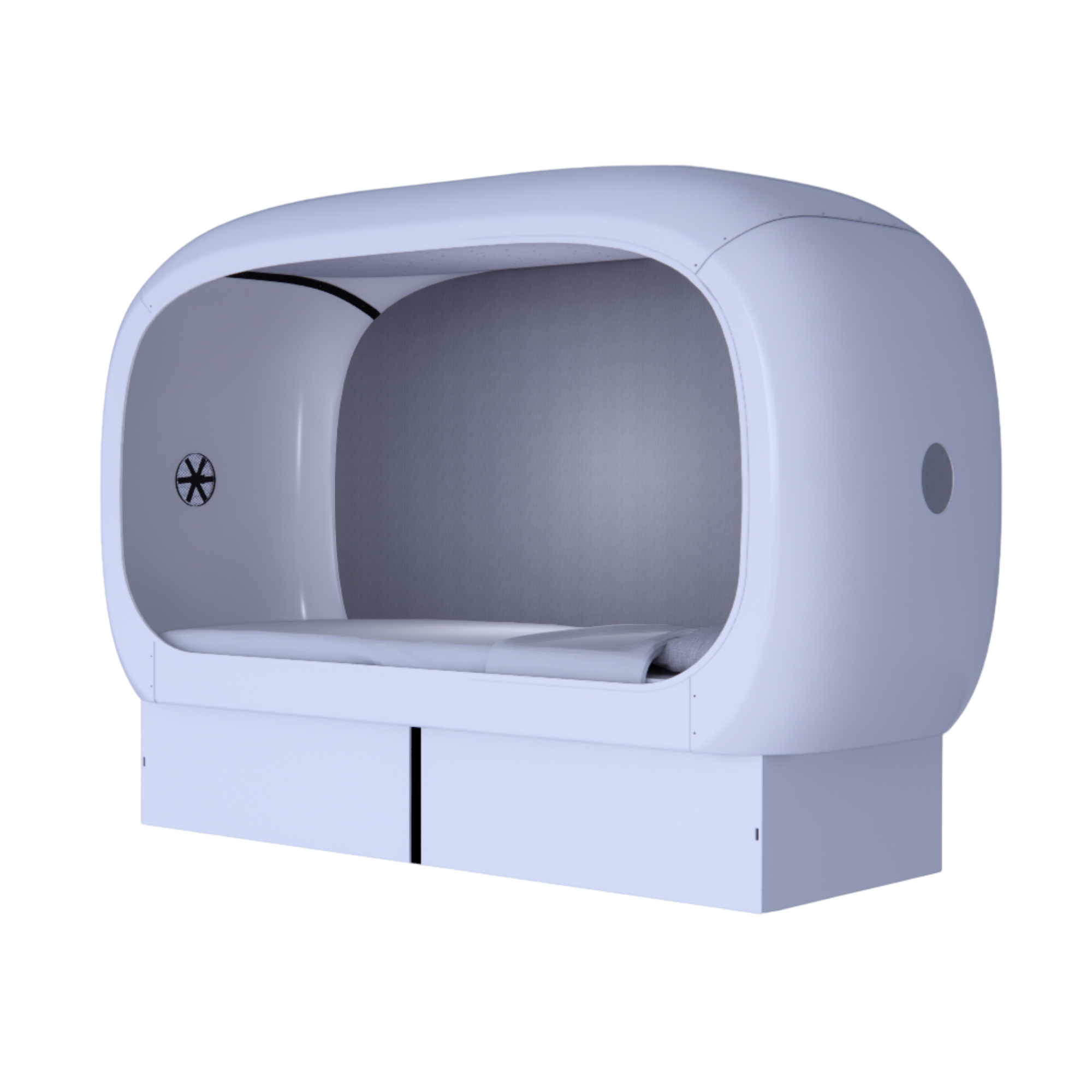 Side view of a white oval-shaped NapBox Business Pod — a modern sleeping pod with a spacious twin XL bed, pillow, and mattress inside.