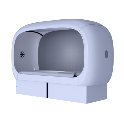 Side view of a white oval-shaped NapBox Business Pod — a modern sleeping pod with a spacious twin XL bed, pillow, and mattress inside.