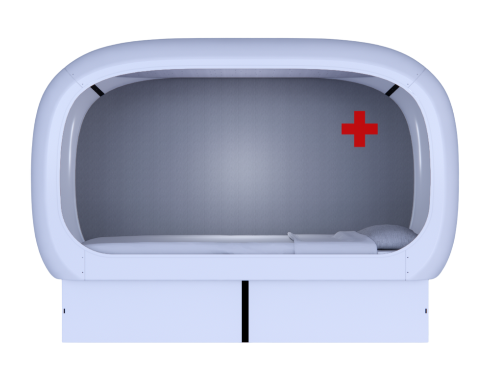 Front view of an oval-shaped NapBox capsule shelter with bed and pillow inside, featuring a red cross symbol on the interior wall. Designed as a compact and secure emergency sleeping pod for rapid deployment and humanitarian housing solutions.