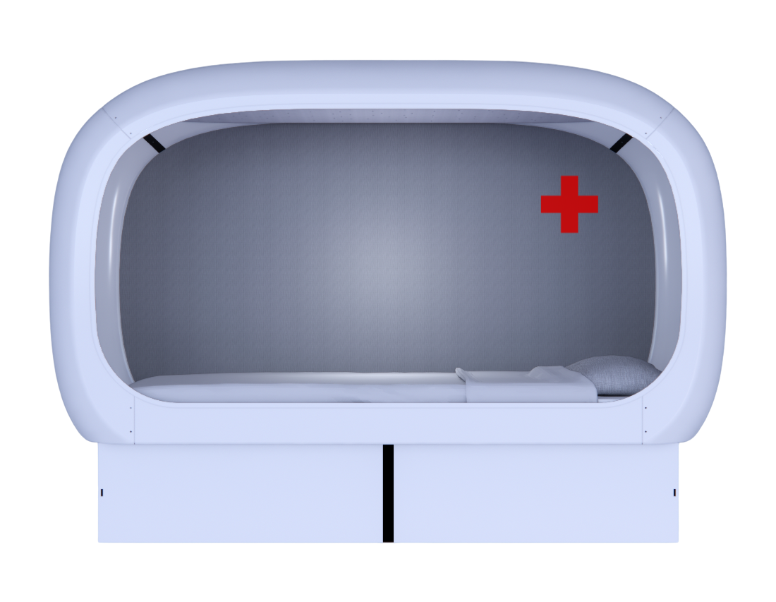 Front view of an oval-shaped NapBox capsule shelter with bed and pillow inside, featuring a red cross symbol on the interior wall. Designed as a compact and secure emergency sleeping pod for rapid deployment and humanitarian housing solutions.