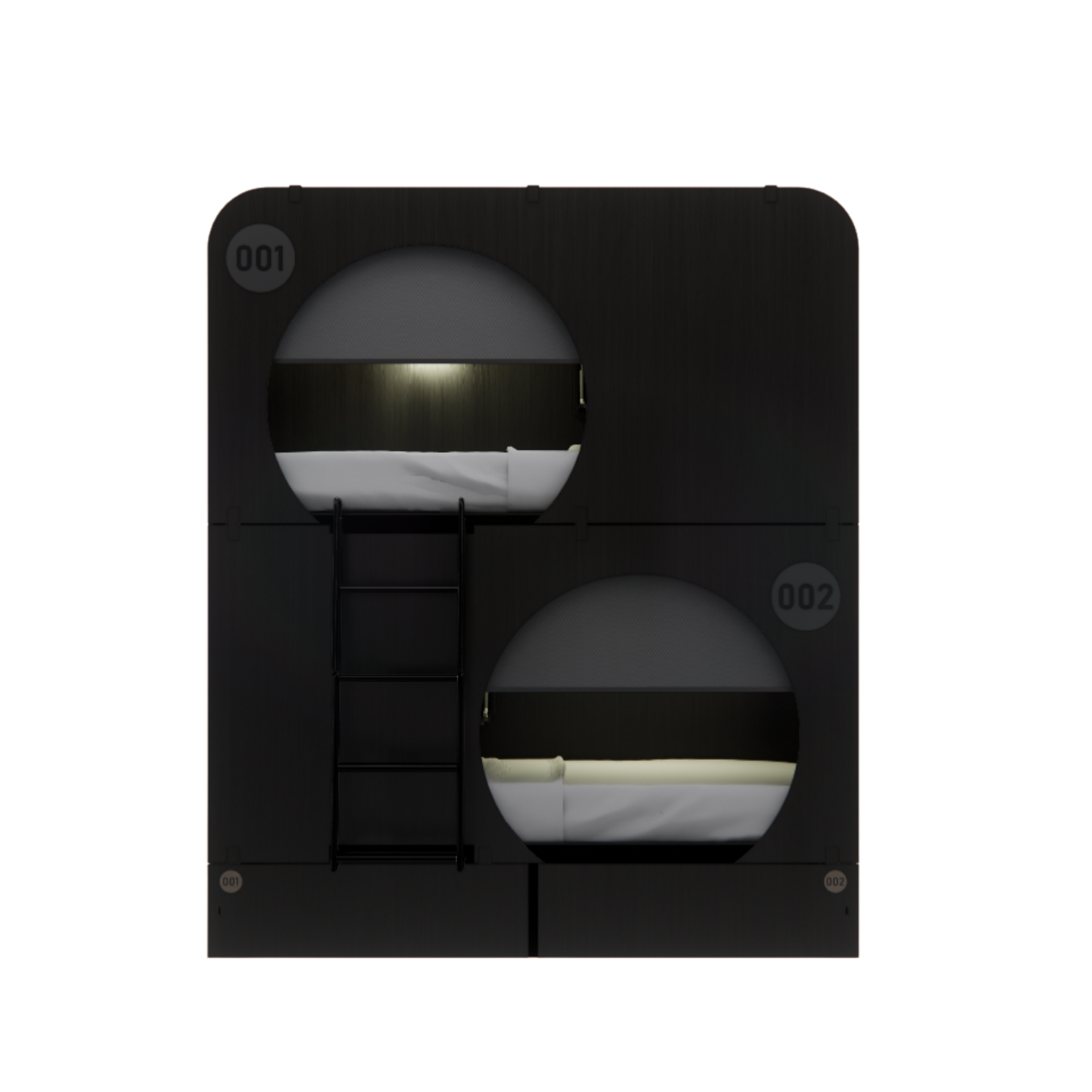NapBox black Economy Bunk Bed Pod — compact sleeping pod unit with two stacked circular cabins, front view. Each pod features a mattress, divider privacy curtain, built-in fan, and clearly visible lit room numbers.