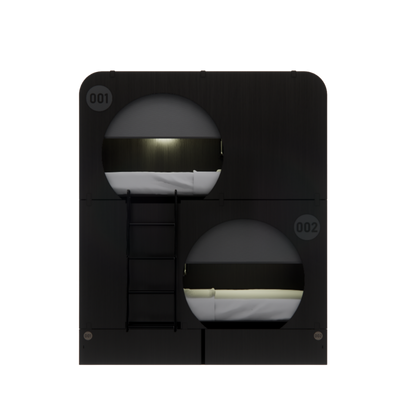 NapBox black Economy Bunk Bed Pod — compact sleeping pod unit with two stacked circular cabins, front view. Each pod features a mattress, divider privacy curtain, built-in fan, and clearly visible lit room numbers.
