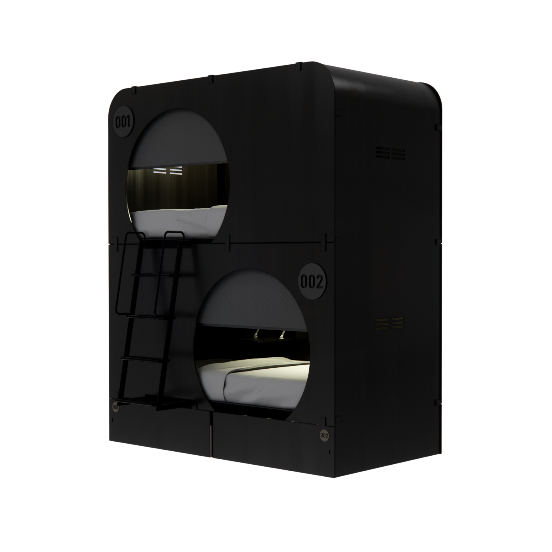 NapBox black Economy Bunk Bed Pod — compact sleeping pod unit with two stacked circular cabins, side angled view. Each pod features a mattress, divider privacy curtain, built-in fan, and clearly visible lit room numbers.