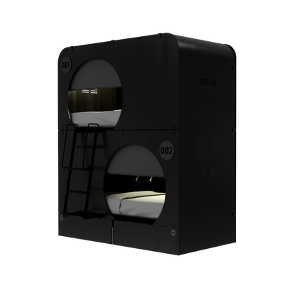 NapBox black Economy Bunk Bed Pod — compact sleeping pod unit with two stacked circular cabins, side angled view. Each pod features a mattress, divider privacy curtain, built-in fan, and clearly visible lit room numbers.