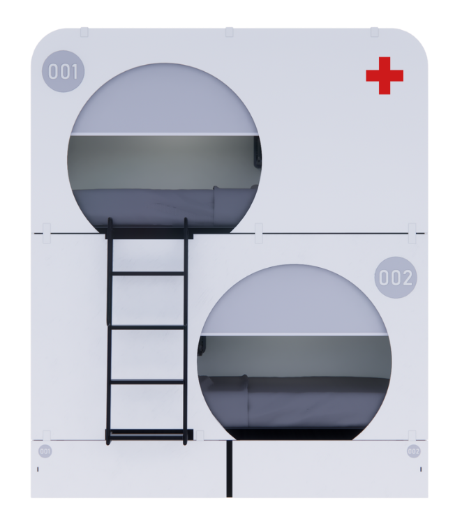Front view of a white NapBox Bunk Bed Pod capsule shelter featuring two stacked sleeping pods with a ladder, divider curtain, clothing rack, fold-down table, storage compartments, and lit room numbers and a red cross symbol.
