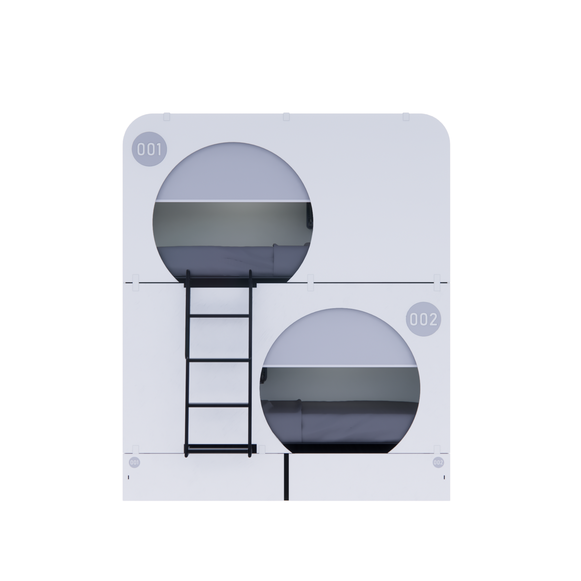 NapBox white Economy Bunk Bed Pod — compact sleeping pod unit with two stacked circular cabins, front view. Each pod features a mattress, divider privacy curtain, built-in fan, and clearly visible lit room numbers.