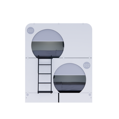 NapBox white Economy Bunk Bed Pod — compact sleeping pod unit with two stacked circular cabins, front view. Each pod features a mattress, divider privacy curtain, built-in fan, and clearly visible lit room numbers.