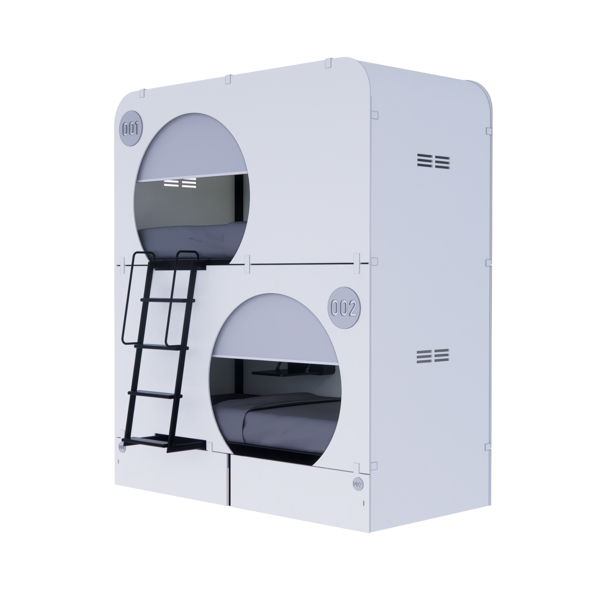 NapBox white Economy Bunk Bed Pod — compact sleeping pod unit with two stacked circular cabins, side angled view. Each pod features a mattress, divider privacy curtain, built-in fan, and clearly visible lit room numbers.
