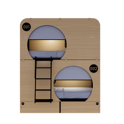 NapBox wood Economy Bunk Bed Pod — compact sleeping pod unit with two stacked circular cabins, front view. Each pod features a mattress, divider privacy curtain, built-in fan, and clearly visible lit room numbers.