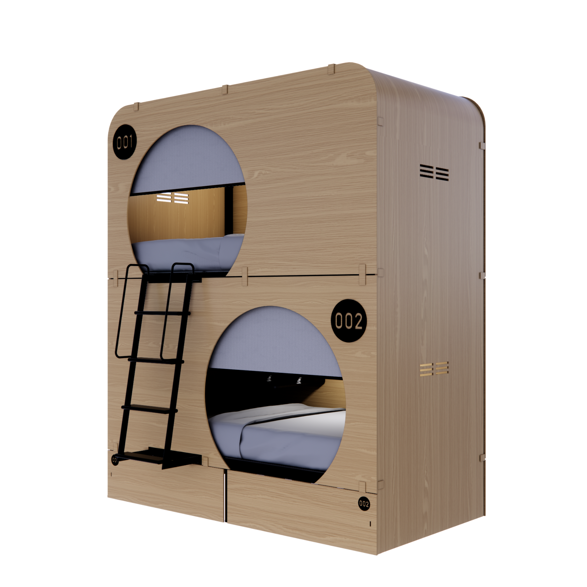 NapBox wood Economy Bunk Bed Pod — compact sleeping pod unit with two stacked circular cabins, side angled view. Each pod features a mattress, divider privacy curtain, built-in fan, and clearly visible lit room numbers.