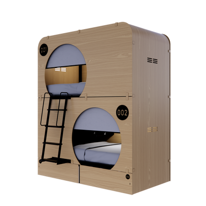 NapBox wood Economy Bunk Bed Pod — compact sleeping pod unit with two stacked circular cabins, side angled view. Each pod features a mattress, divider privacy curtain, built-in fan, and clearly visible lit room numbers.