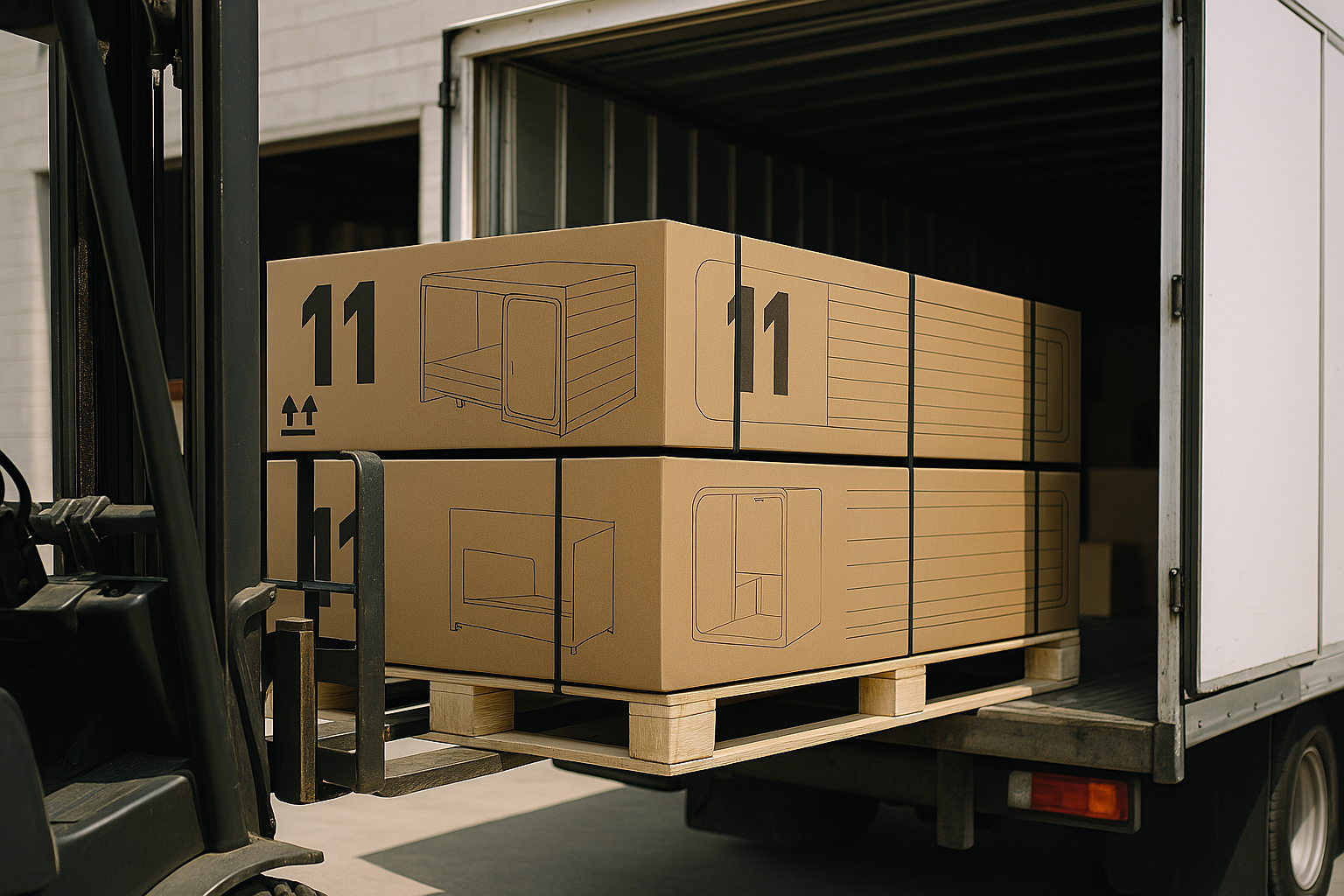 Forklift loading packaged NapBox pods onto a truck for delivery, highlighting NapBox Logistic Services with global shipping, secure freight, professional handling, and on-site assembly solutions.