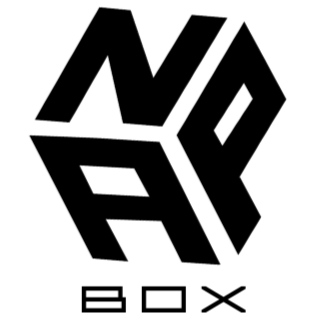 NapBox logo in solid black geometric design on a transparent background. The bold angular letters form the word 'NAP' in a cube-like perspective, with the word 'BOX' written below in clean modern typography.