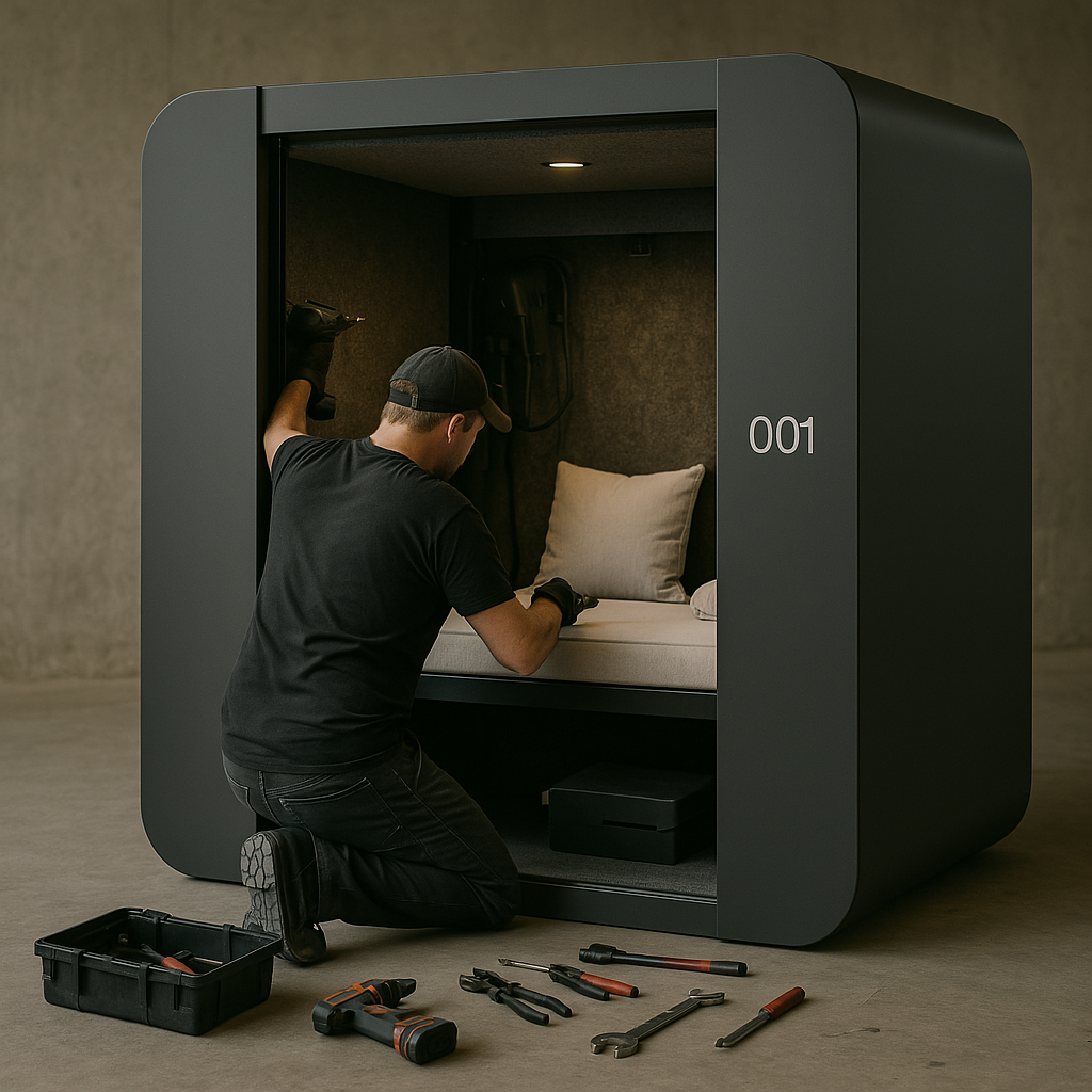 Technician performing maintenance on a NapBox sleeping pod with tools on the floor, representing NapBox Maintenance Service for repairs, parts replacement, and sustainable refurbishment.