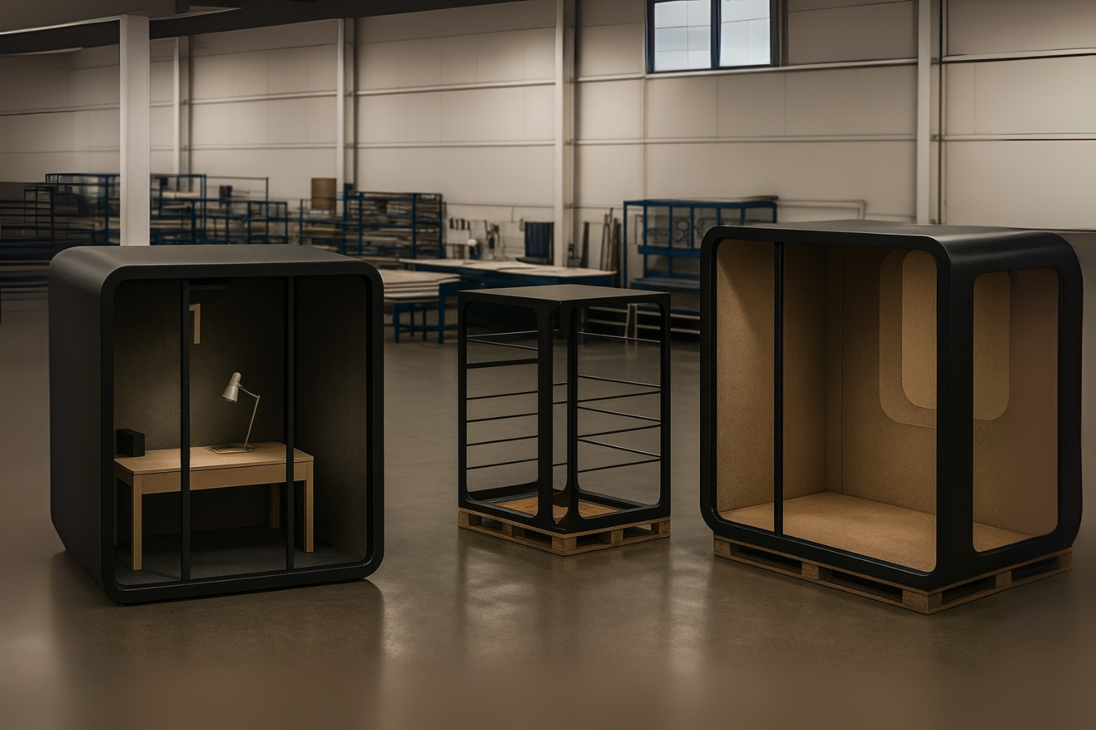 Inside the NapBox manufacturing warehouse — two black-framed modular pods in a spacious industrial facility. The left pod is fully furnished with a beige interior, featuring a wooden table and a lamp, showing a ready-to-use cabin, while the right pod is empty, in the assembly stage.