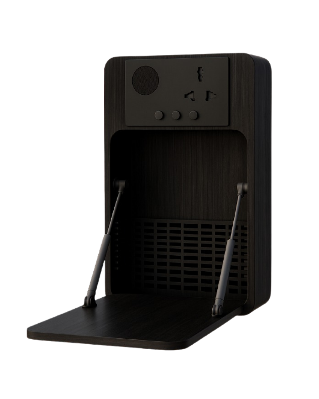 NapBox Pod Cabinet — black foldable desk and storage accessory with LED and ventilation switches, USB, and power socket ports.