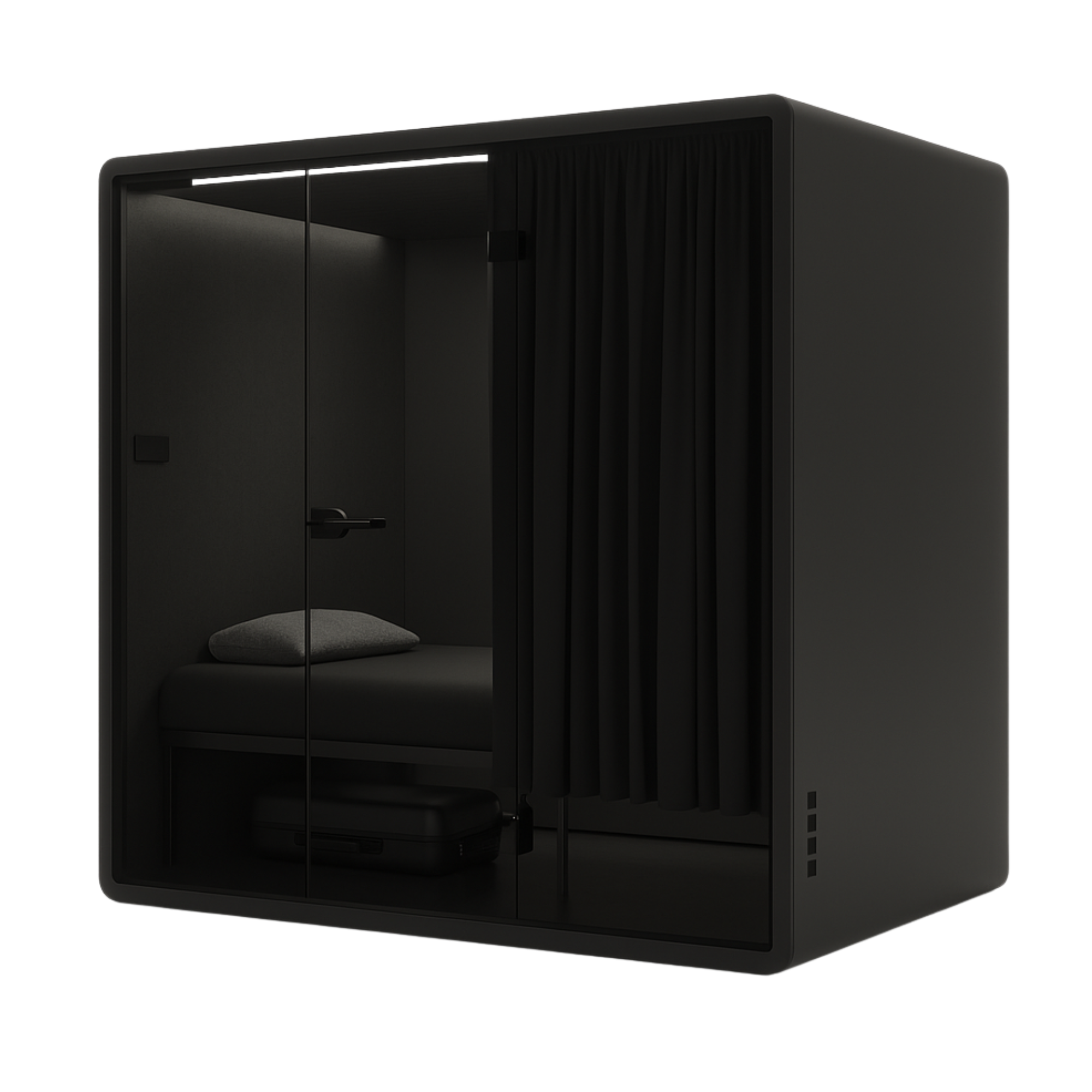 Soundproof First Class black NapBox Sleeping Pod - front angled view with bed, luggage storage, control panel, and privacy curtain.