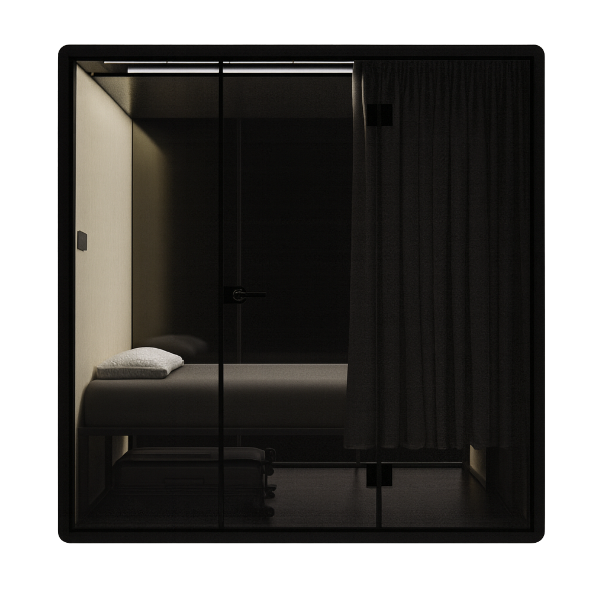 Soundproof First Class black NapBox Sleeping Pod - front view with bed, luggage storage, control panel, and privacy curtain.