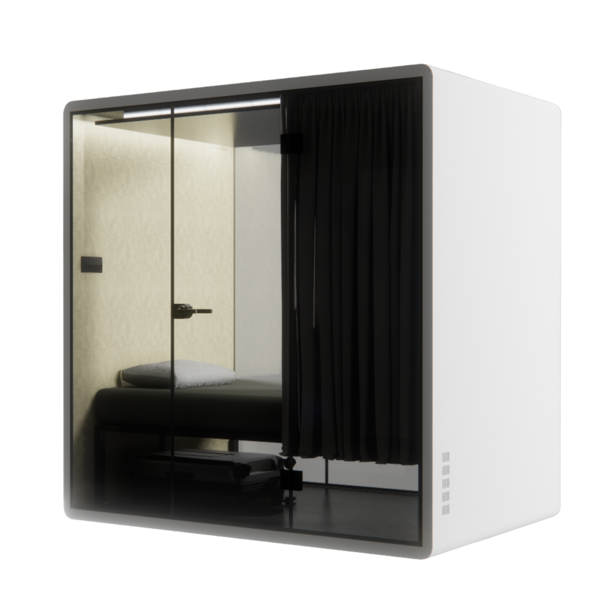 Soundproof First Class white NapBox Sleeping Pod - front angled view with bed, luggage storage, control panel, and privacy curtain.