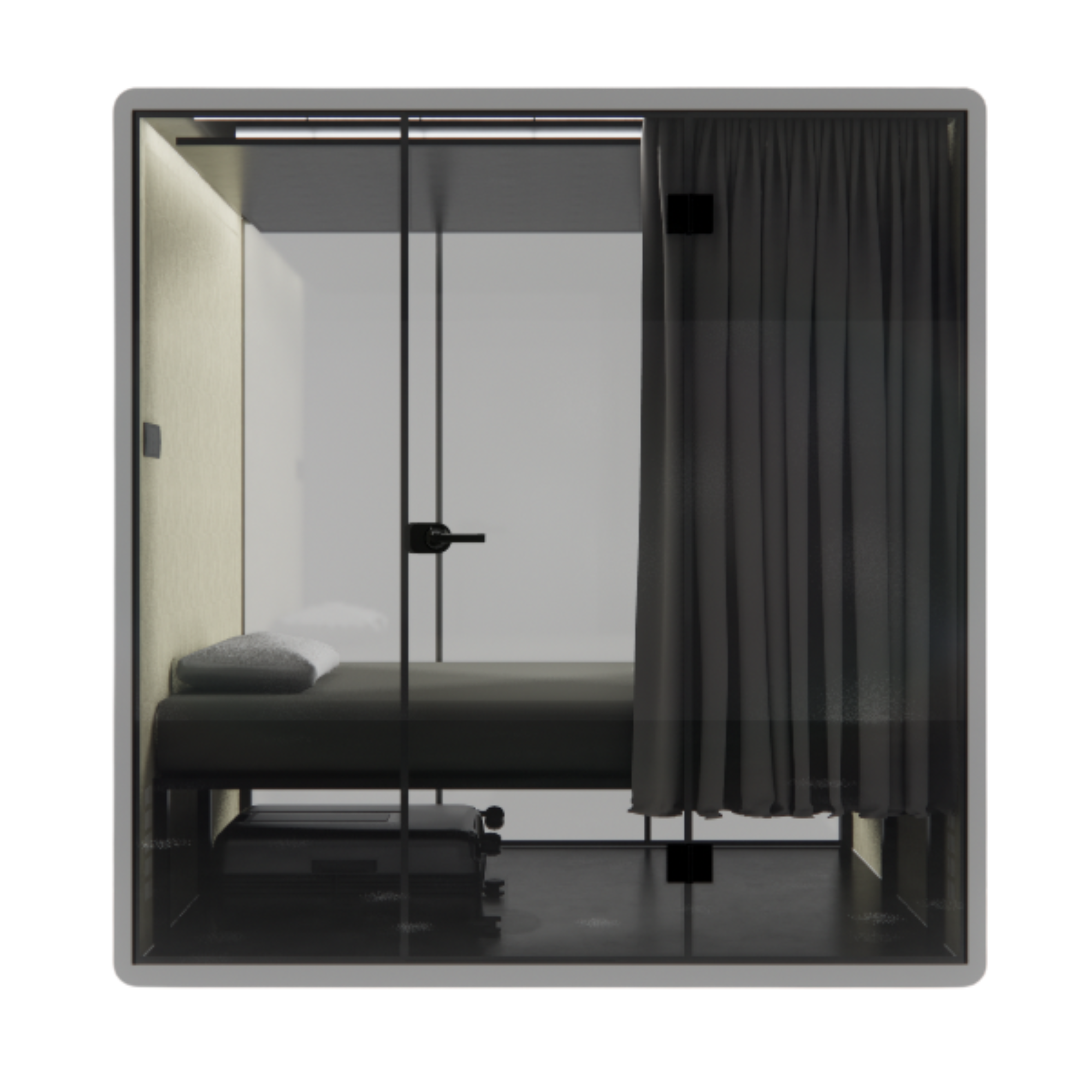 Soundproof First Class NapBox white Sleeping Pod - front view with bed, luggage storage, control panel, and privacy curtain.
