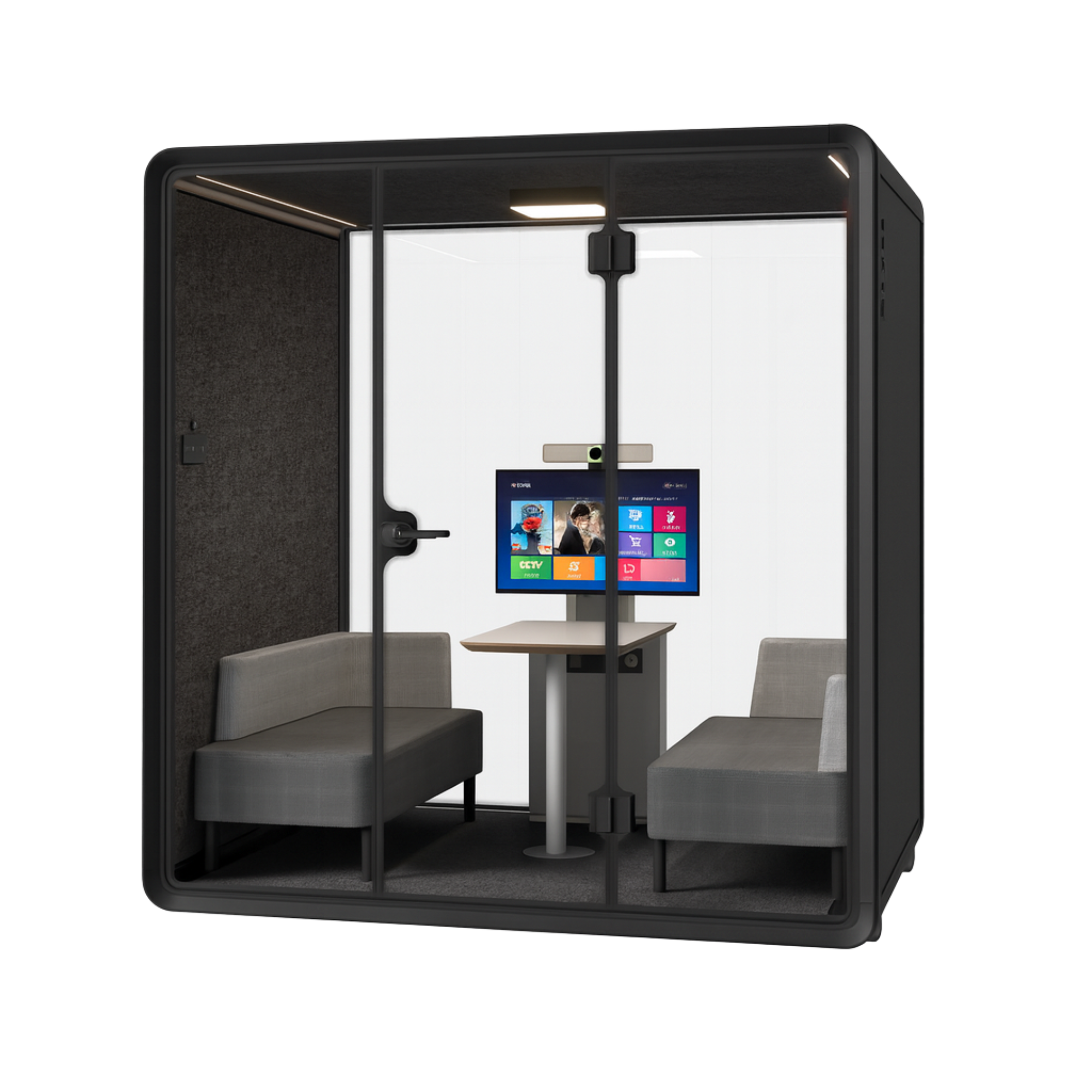Front view of the black Soundbox 4 Person Meeting Booth with glass doors, two seats on each side, table, and digital display inside. A spacious soundproof pod designed for teamwork and hybrid meetings, featuring dual ventilation, natural lighting, and network connectivity.