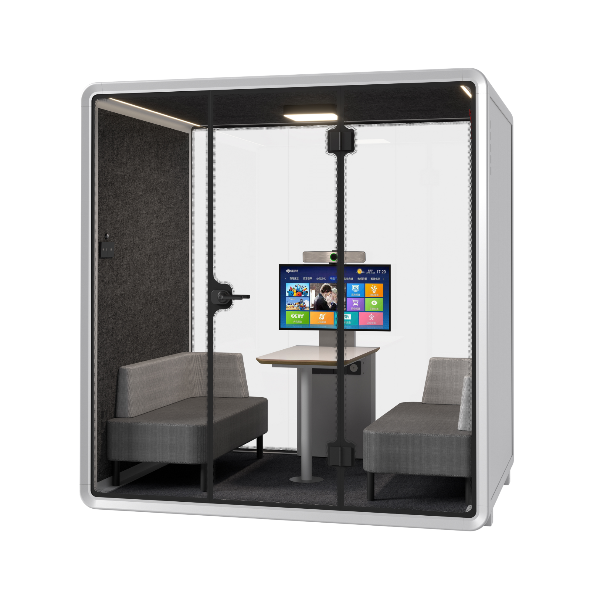 Front view of the white Soundbox 4 Person Meeting Booth with glass doors, two seats on each side, table, and digital display inside. A spacious soundproof pod designed for teamwork and hybrid meetings, featuring dual ventilation, natural lighting, and network connectivity.