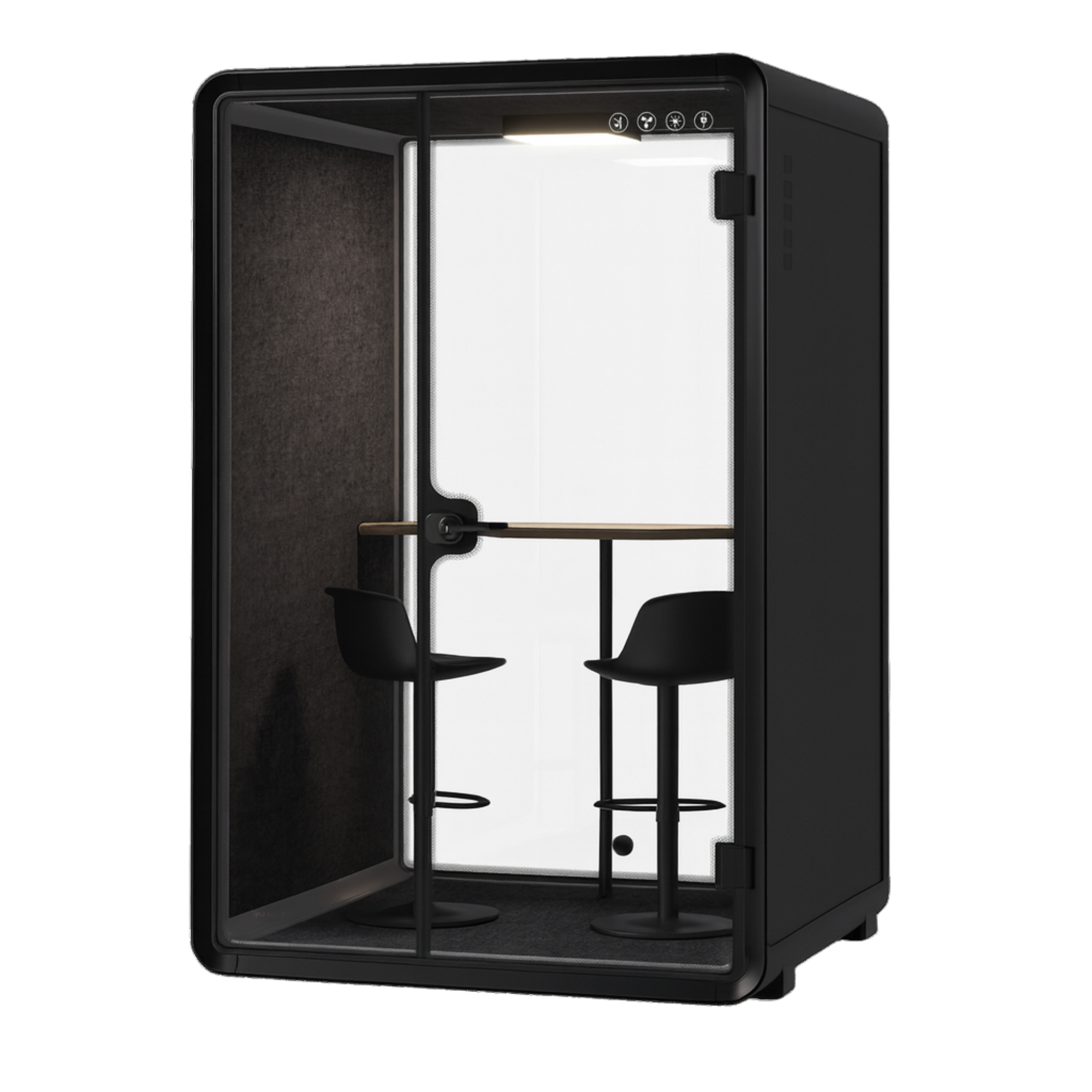 Soundbox Collaborative black Office Phone Booth — soundproof office pod for two people, front angled view with tall stools and high desk.