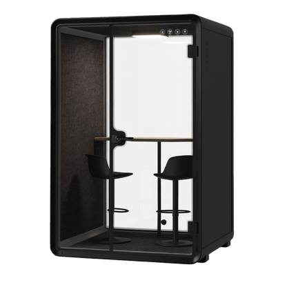 Soundbox Collaborative black Office Phone Booth — soundproof office pod for two people, front angled view with tall stools and high desk.