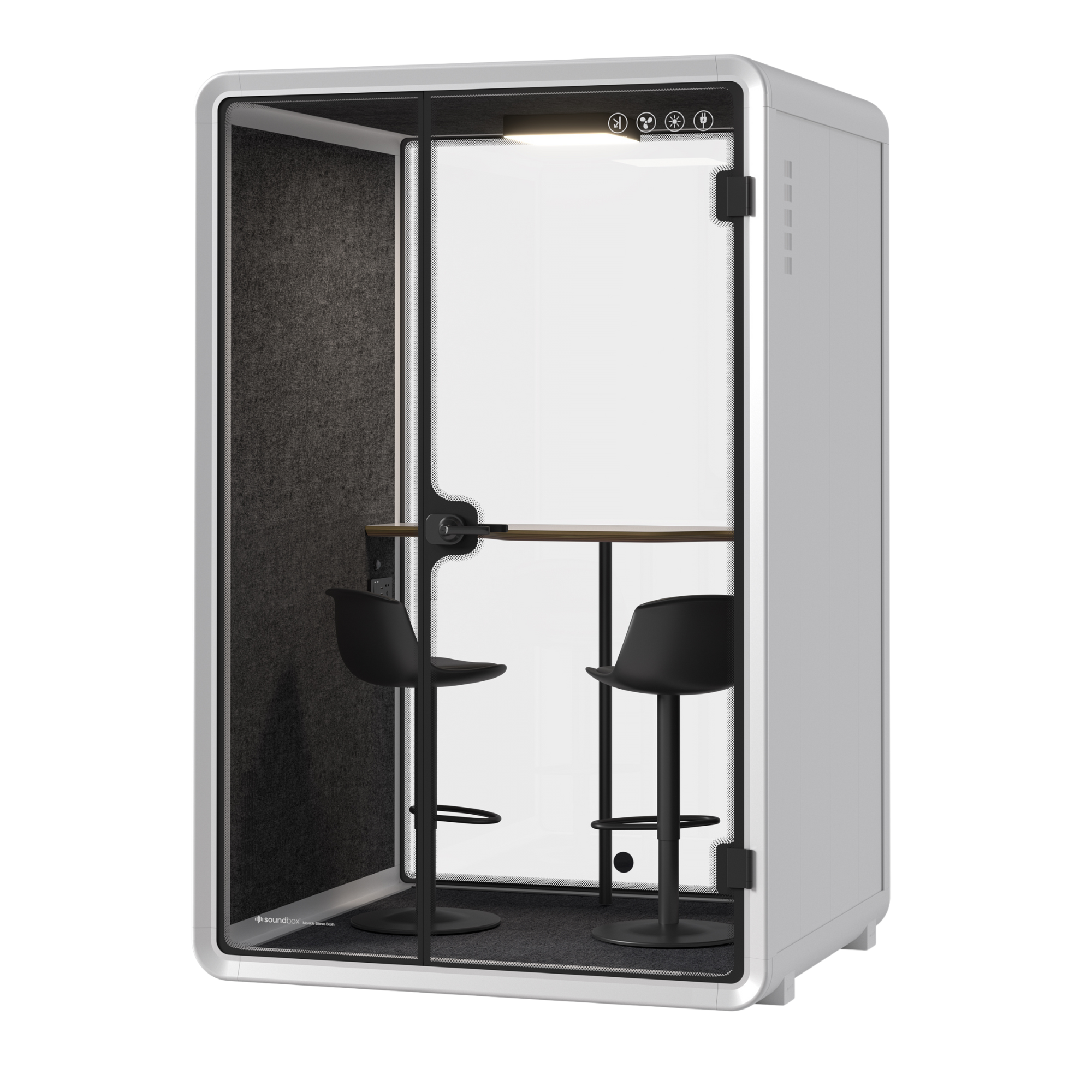 Soundbox Collaborative white Office Phone Booth — soundproof office pod for two people, front angled view with tall stools and high desk.