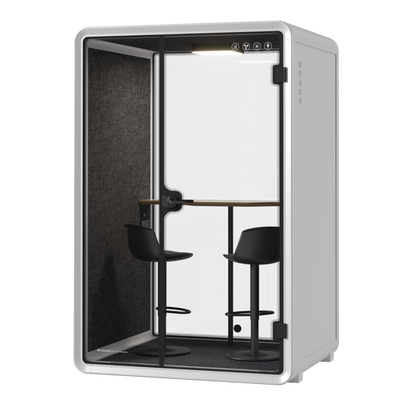 Soundbox Collaborative white Office Phone Booth — soundproof office pod for two people, front angled view with tall stools and high desk.