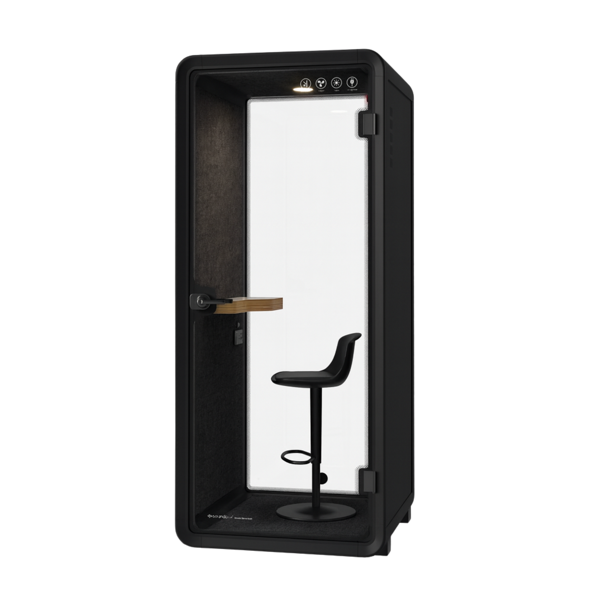 Soundbox NapBox private 1 Person Phone Booth — black soundproof pod with a stool and side table inside, designed for solo work and calls.