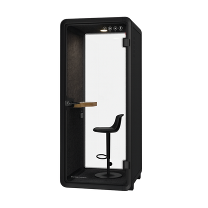 Soundbox NapBox private 1 Person Phone Booth — black soundproof pod with a stool and side table inside, designed for solo work and calls.