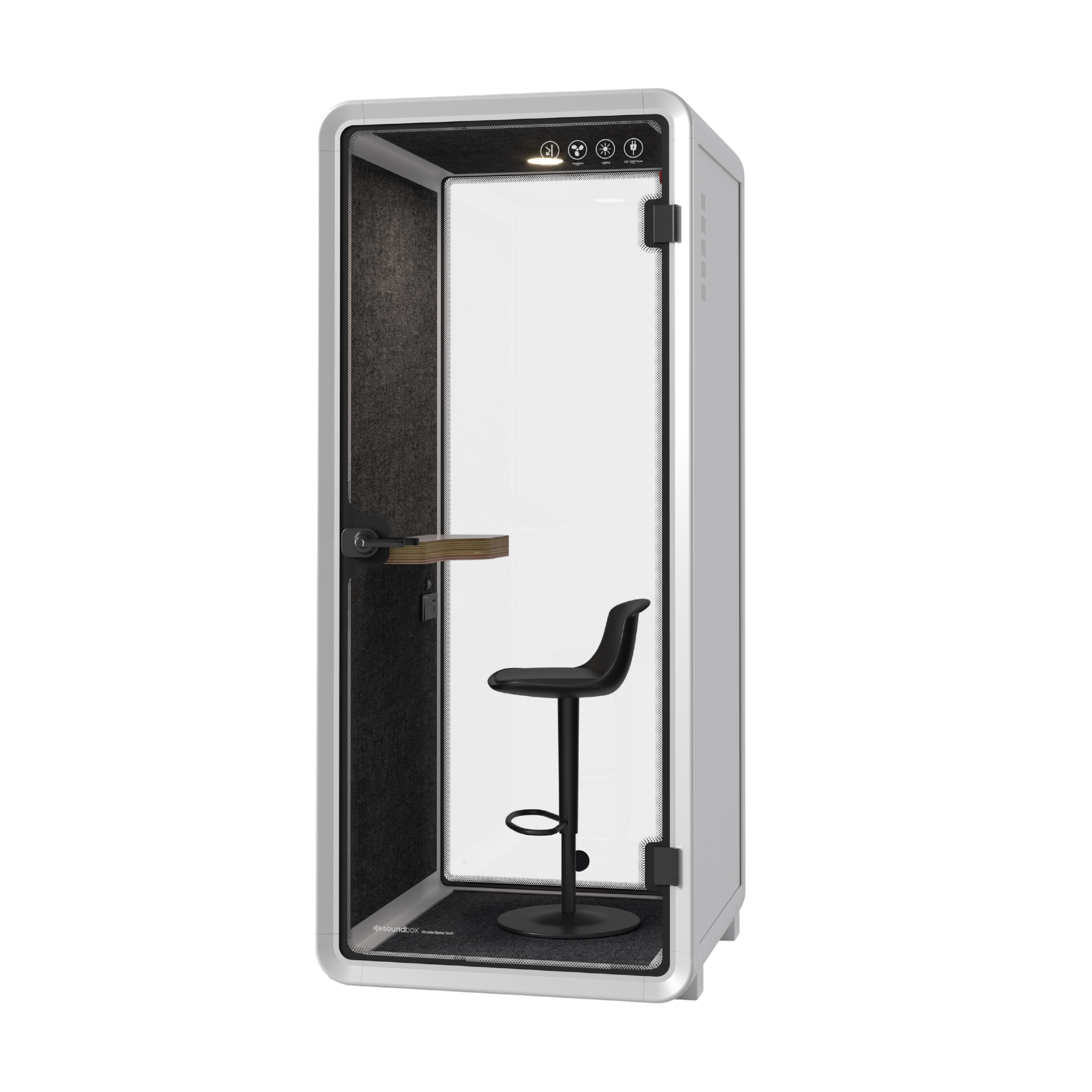 Soundbox NapBox private 1 Person Phone Booth — white soundproof pod with a stool and side table inside, designed for solo work and calls.