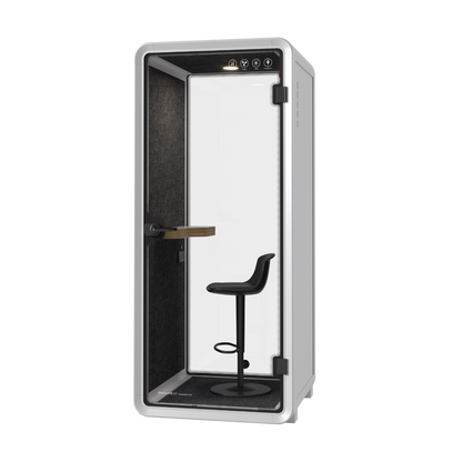 Soundbox NapBox private 1 Person Phone Booth — white soundproof pod with a stool and side table inside, designed for solo work and calls.