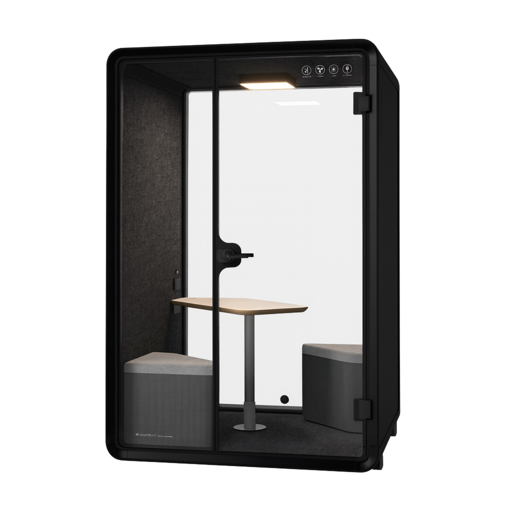 Soundbox Corporate black Phone Booth — 2-person soundproof black office pod, front view with built-in benches and central table.