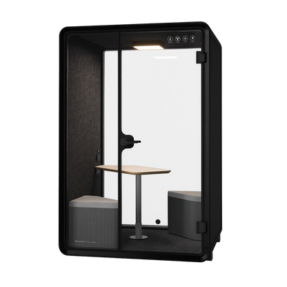 Soundbox Corporate black Phone Booth — 2-person soundproof black office pod, front view with built-in benches and central table.