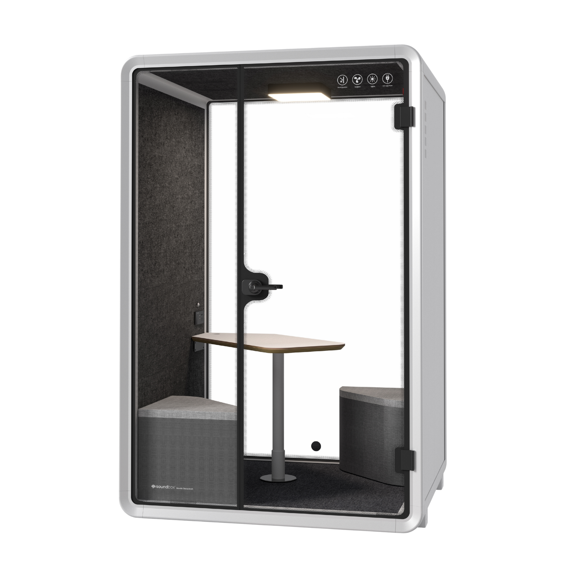Soundbox Corporate white Phone Booth — 2-person soundproof black office pod, front view with built-in benches and central table.