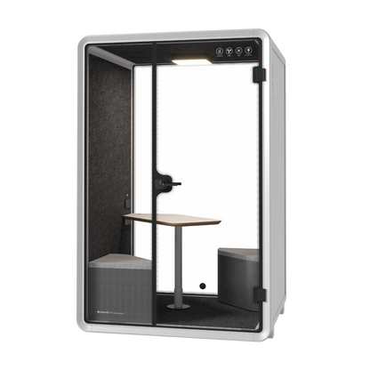 Soundbox Corporate white Phone Booth — 2-person soundproof black office pod, front view with built-in benches and central table.