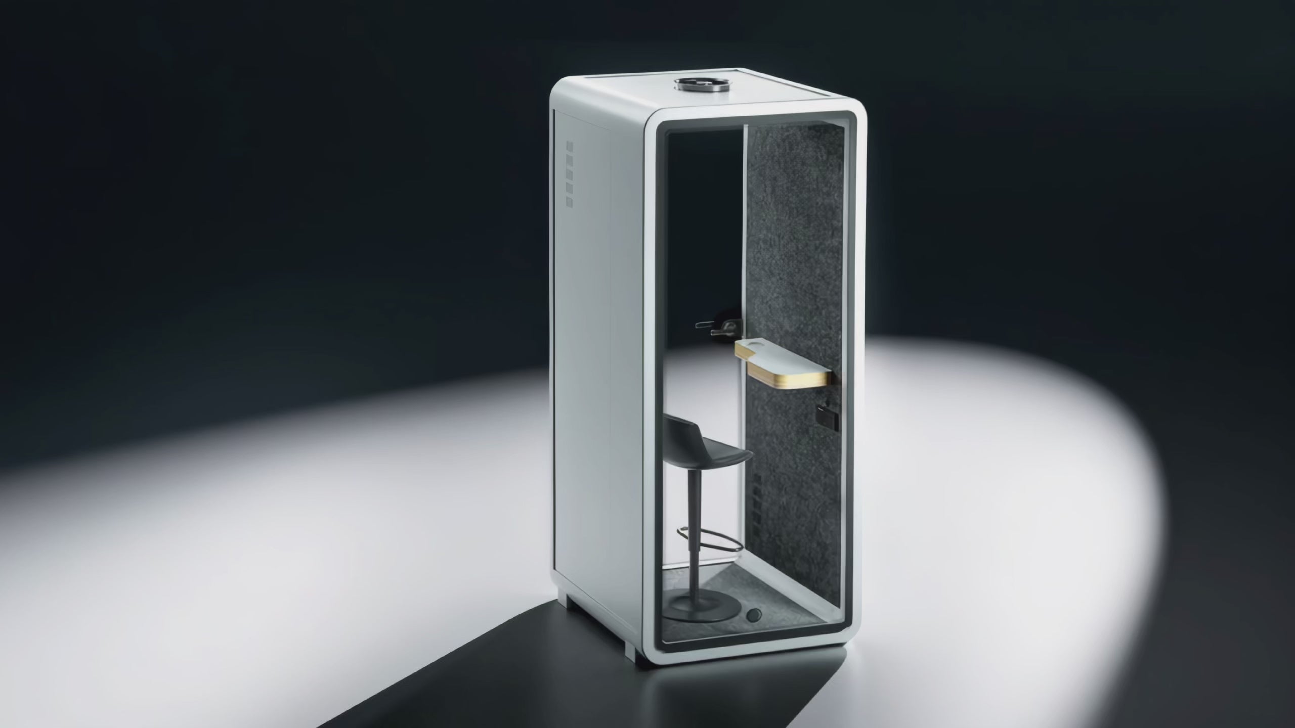 Load video: 360° rotating view of NapBox Soundbox Small Booth — single-person soundproof office phone booth with desk and stool.
