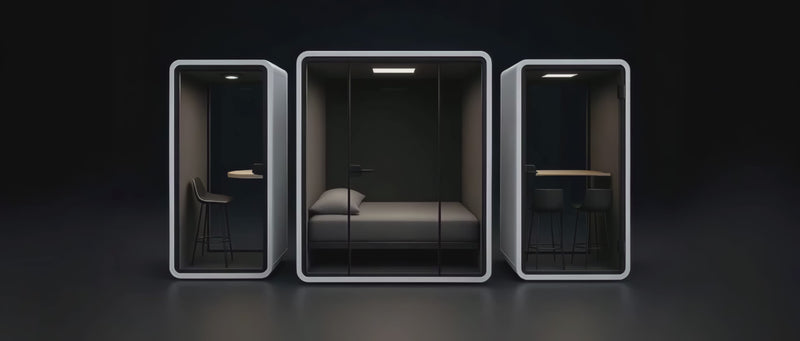 Video showing NapBox First Class soundproof Sleeping Pod in center, with Soundbox Small and Medium acoustic Booths on sides, slowly zooming in.